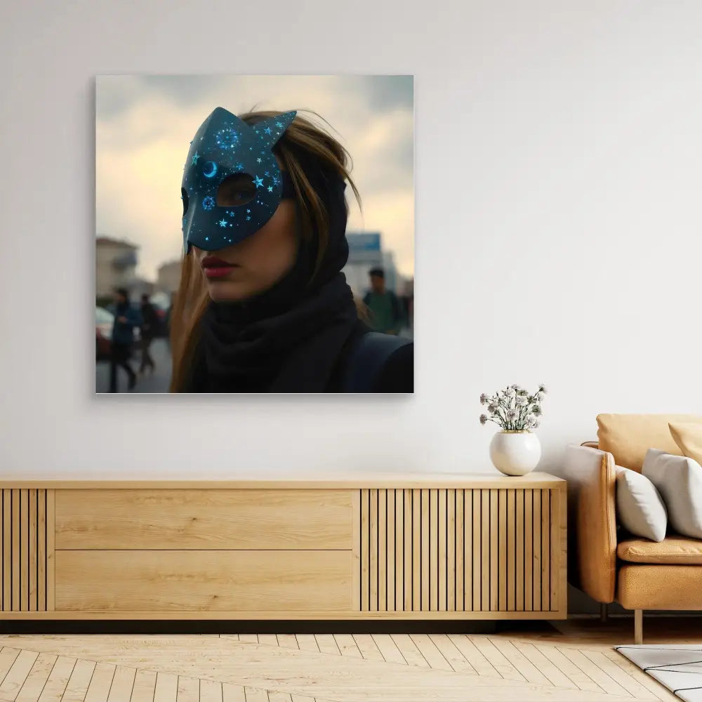 A modern art portrait featuring a glittery blue butterfly mask against a moody sky.