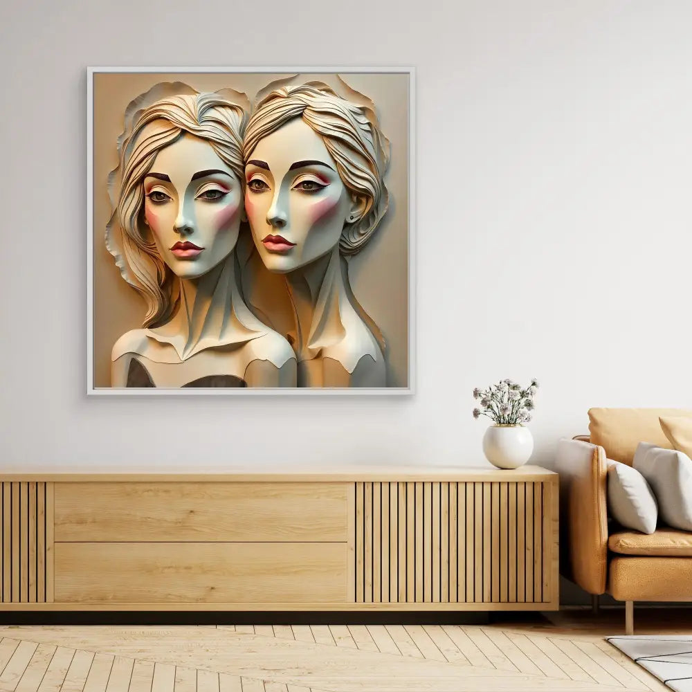 A modern art portrait painting depicting two identical figures with sculptural, ethereal features in muted tones.