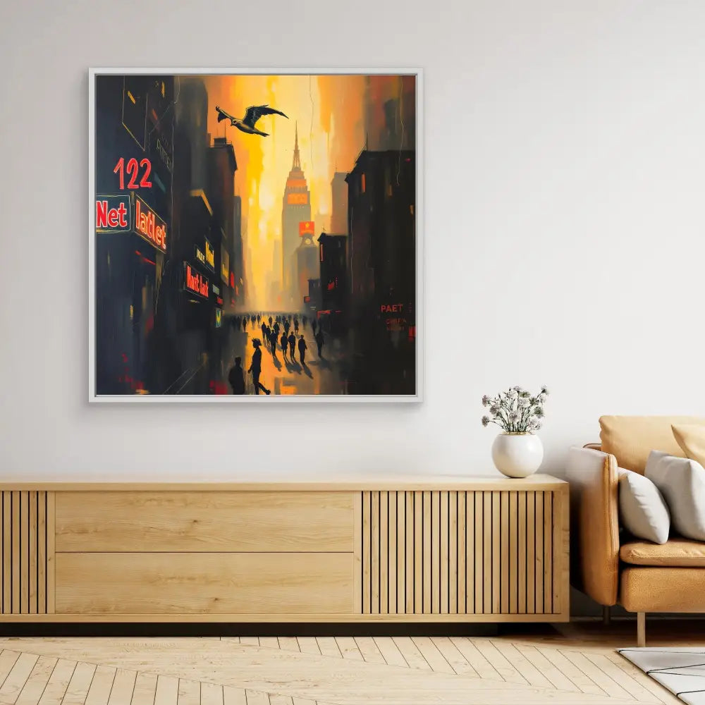 Modern artwork depicting a moody city street scene with silhouettes against an orange sunset sky.