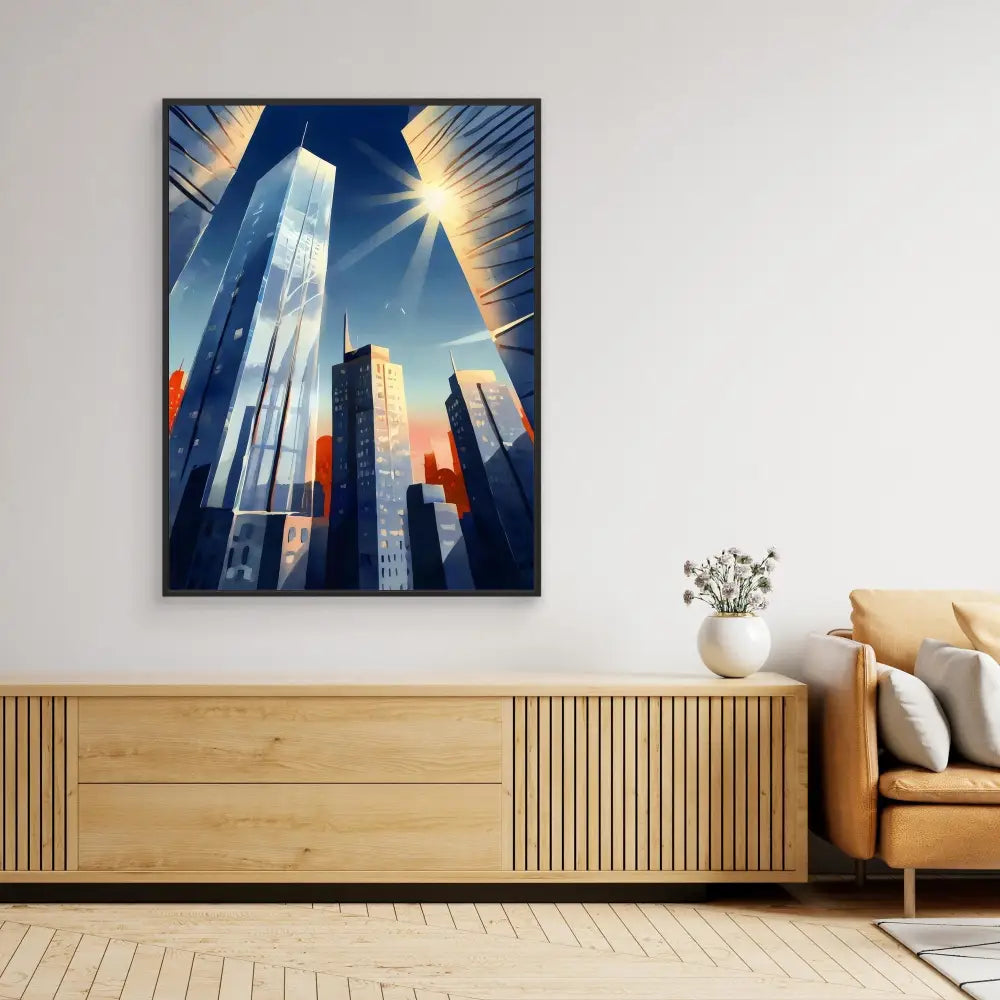 Modern artwork depicting sunlit skyscrapers against a dramatic sky.