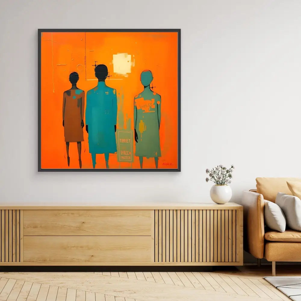 Modern artwork featuring three silhouetted figures against a vibrant orange background.