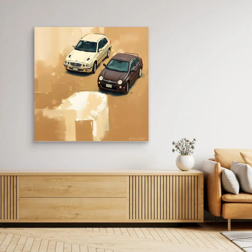 Modern artwork featuring two cars in sepia tones mounted on a wall.