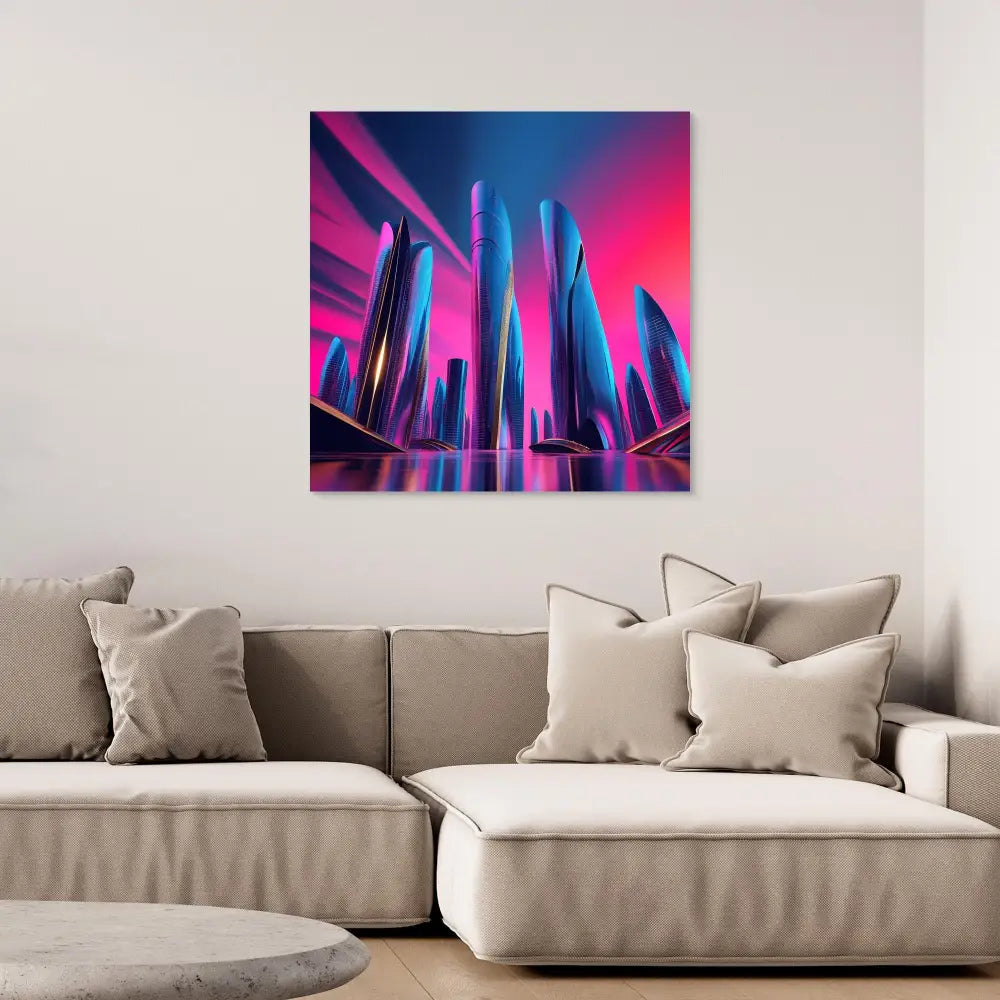 Modern cityscape artwork with neon pink and blue skyscrapers reflected in water.