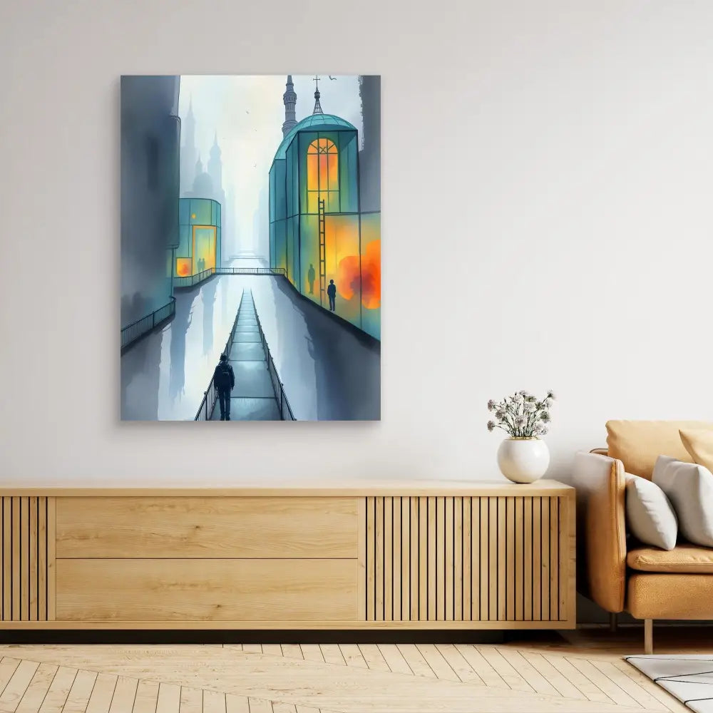 Modern cityscape painting featuring illuminated skyscrapers and a lone figure on a bridge.