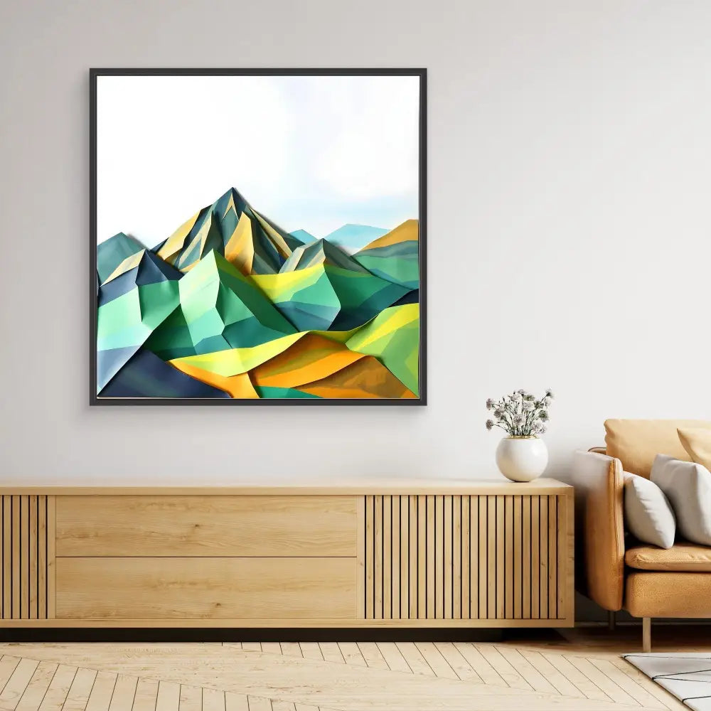 Modern geometric abstract painting of mountains in green and yellow tones.