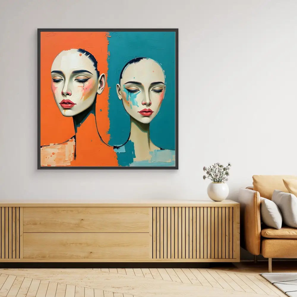 Modern pop art portrait painting featuring two faces against contrasting orange and teal backgrounds.