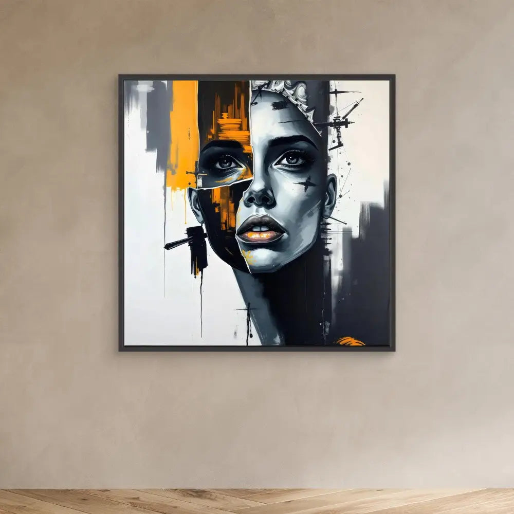 Modern portrait painting featuring dramatic black, white and orange abstract elements.