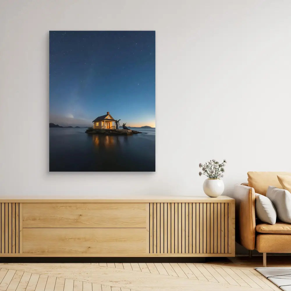 A modern living room wall featuring a dramatic photograph of a floating cabin at twilight.