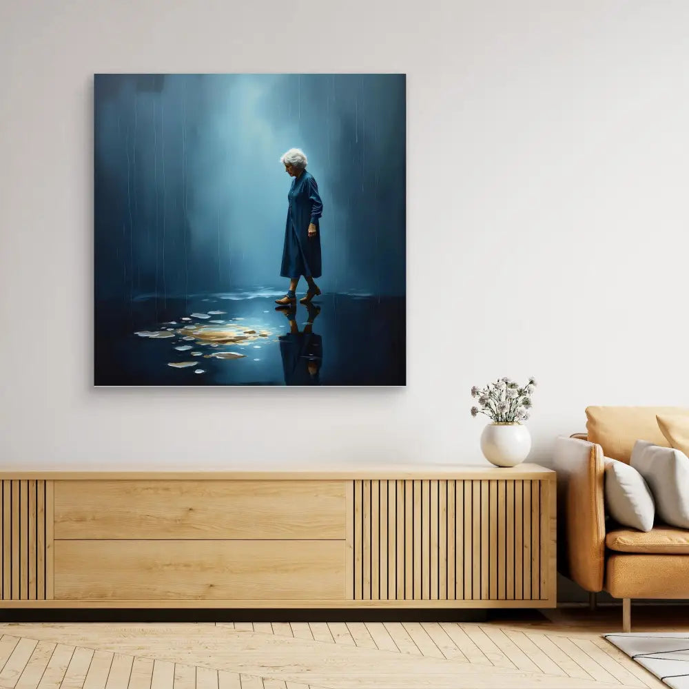 A moody artistic photograph mounted as wall art above a wooden credenza.