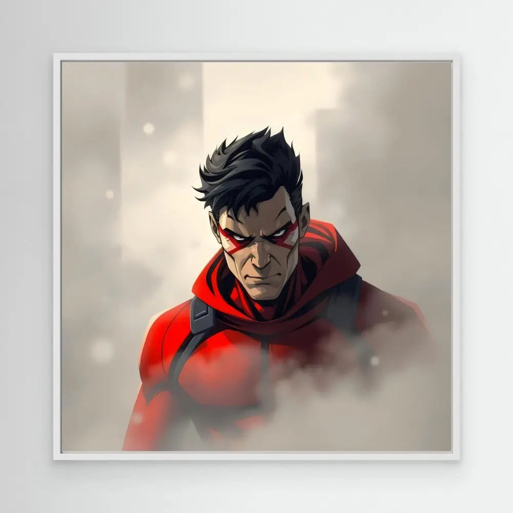 Moody artistic portrait of Superman wearing a red hood and bearing an intense expression.