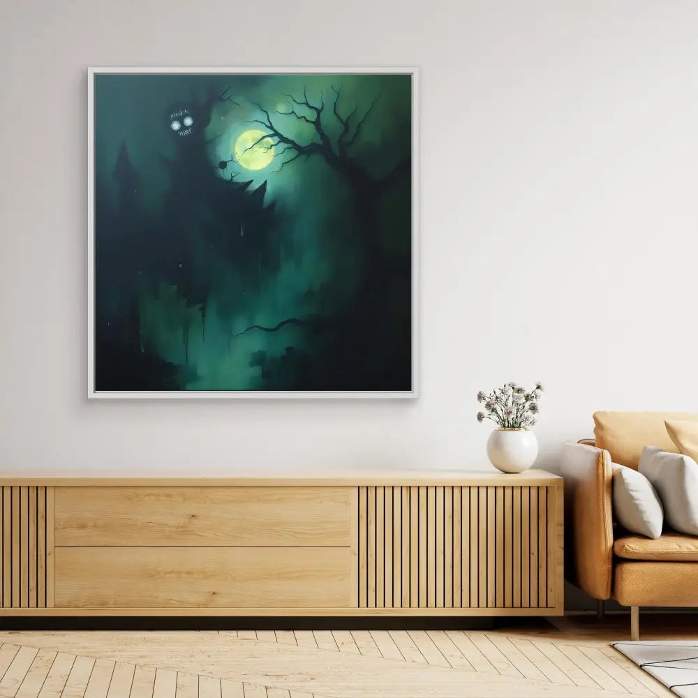 Moody artwork depicting a misty forest under a full moon with bare tree branches.