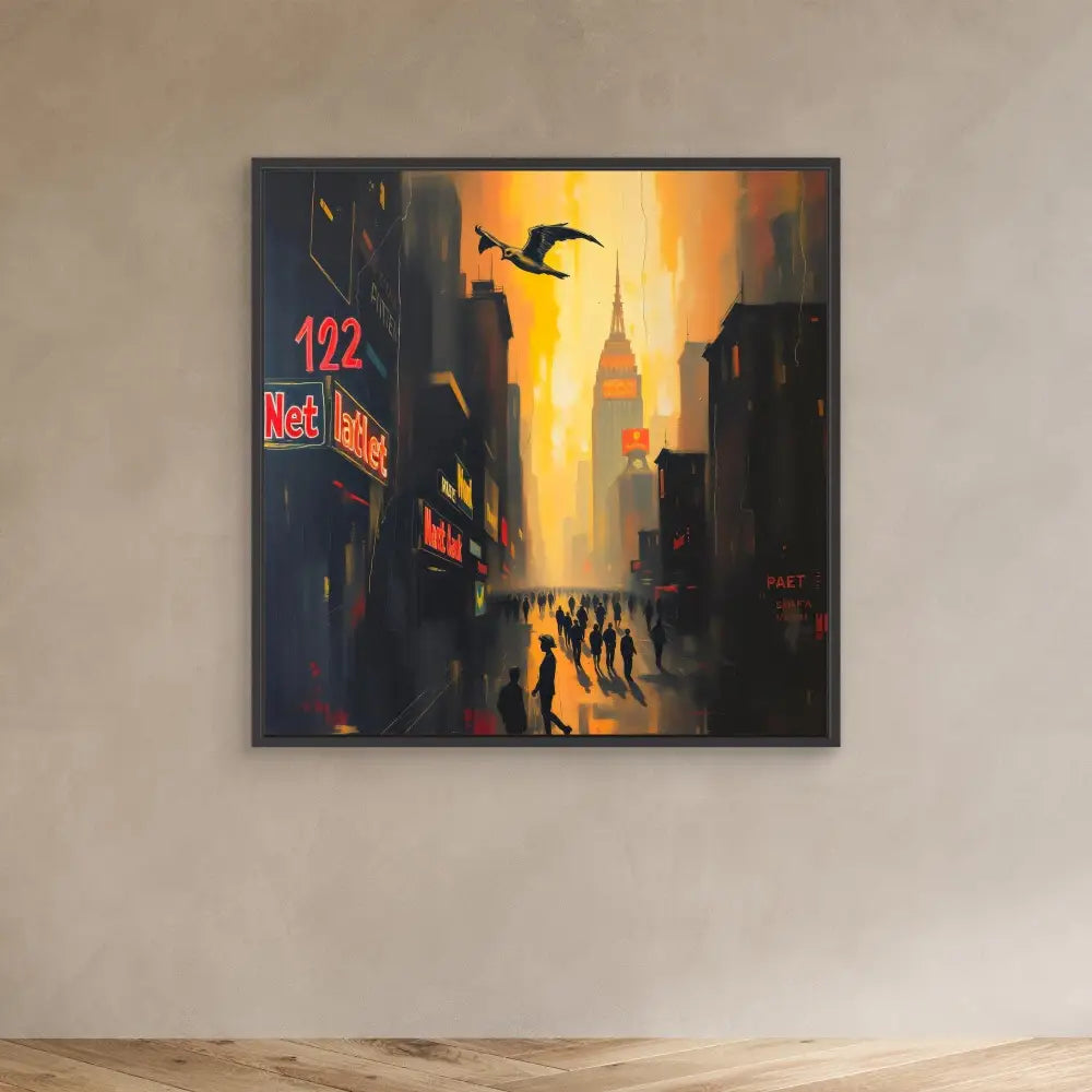 Moody cityscape painting featuring silhouetted figures against a golden sunset with neon signs.