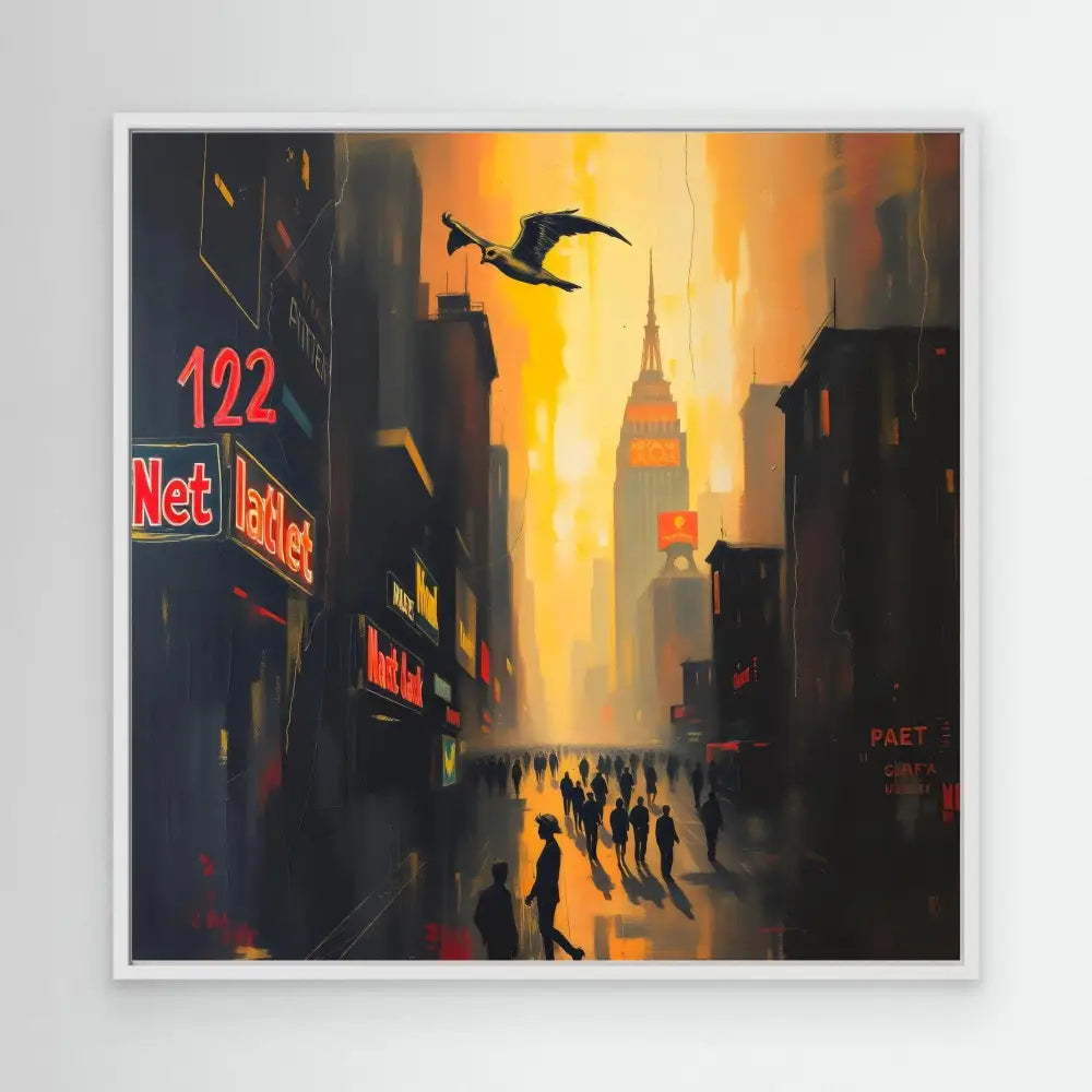 A moody cityscape painting featuring silhouetted figures and a neon sign against a golden sunset sky.