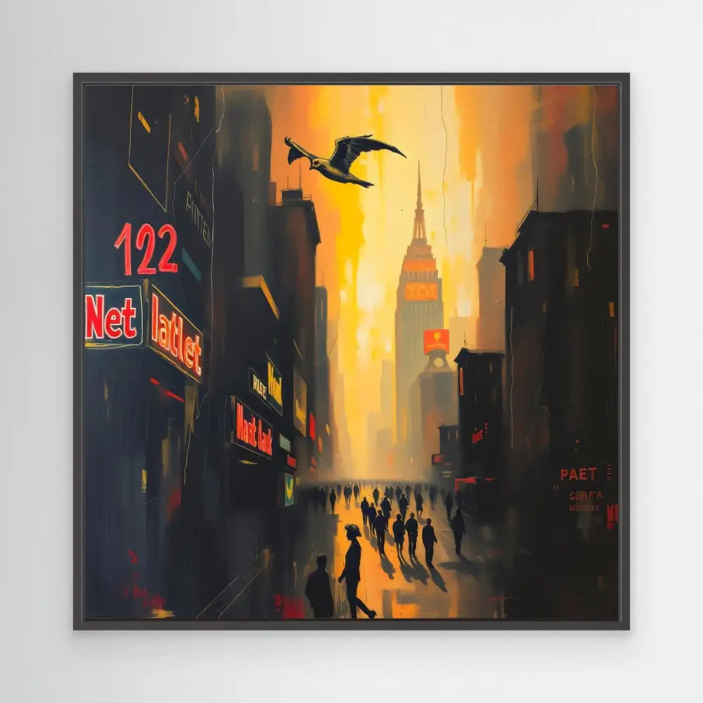 Moody cityscape painting featuring silhouetted figures and neon signs against a golden sky.