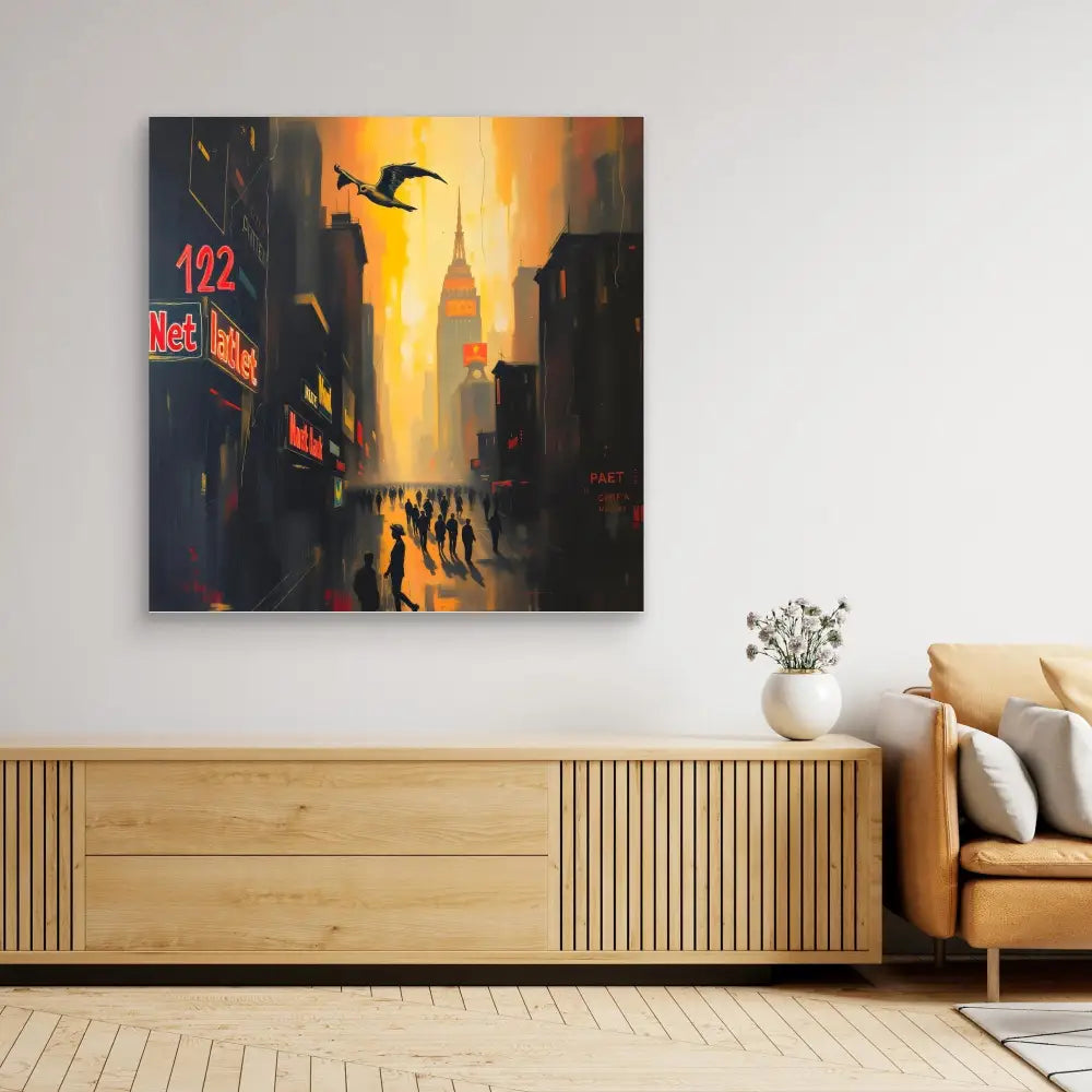 A moody cityscape painting featuring silhouetted figures against an orange sunset sky with birds flying overhead.