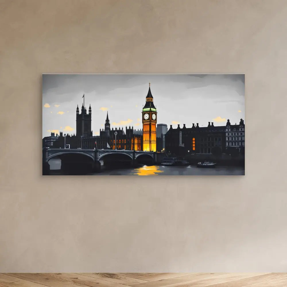 A moody nighttime painting of London’s Big Ben and Parliament along the Thames River.