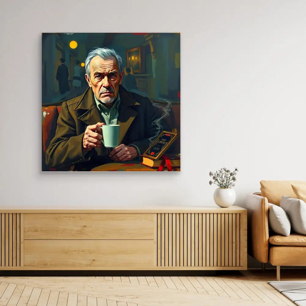 A moody oil painting of an elderly person holding a coffee cup while smoking.