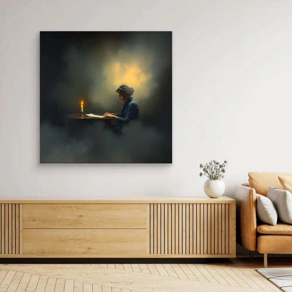 A moody painting of a person reading by candlelight.