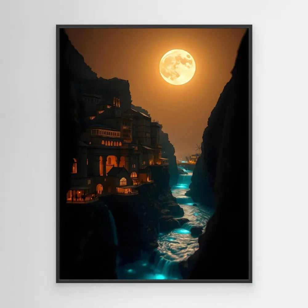 A glowing full moon illuminates a coastal building perched atop dark cliffs.