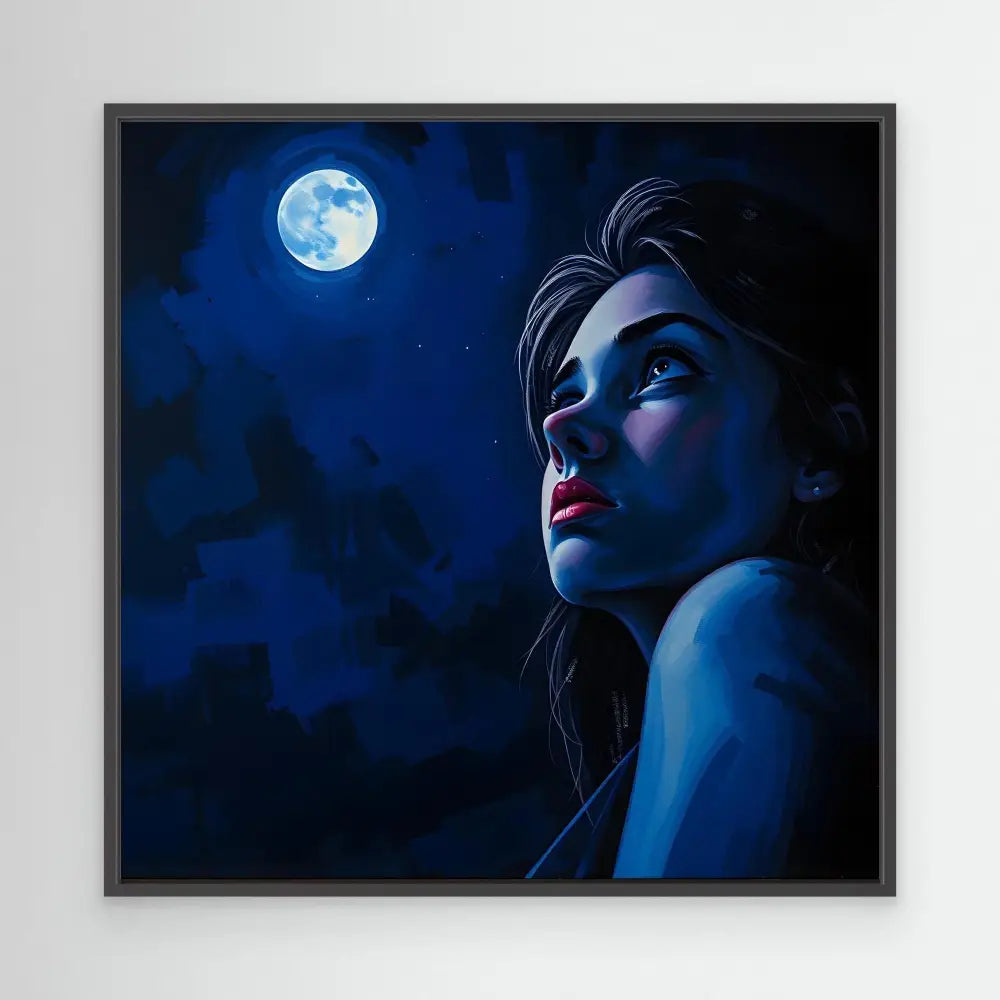 A moonlit silhouette with red lips gazing upward against a dark blue atmosphere.