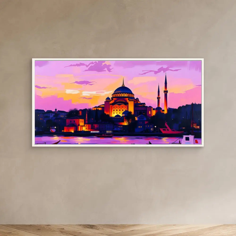 A mosque with minarets silhouetted against a pink and purple sunset sky.