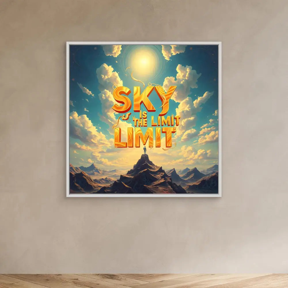 Motivational artwork featuring golden text ’Sky is the Limit’ against a backdrop of mountains and sunlit clouds.