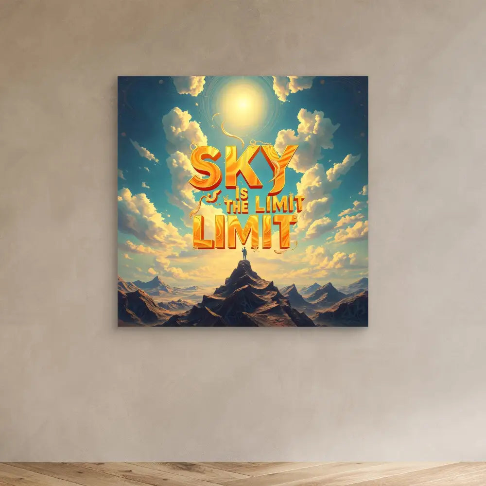 Motivational artwork featuring golden text ’SKY IS THE LIMIT’ against a backdrop of mountains and sunlit clouds.