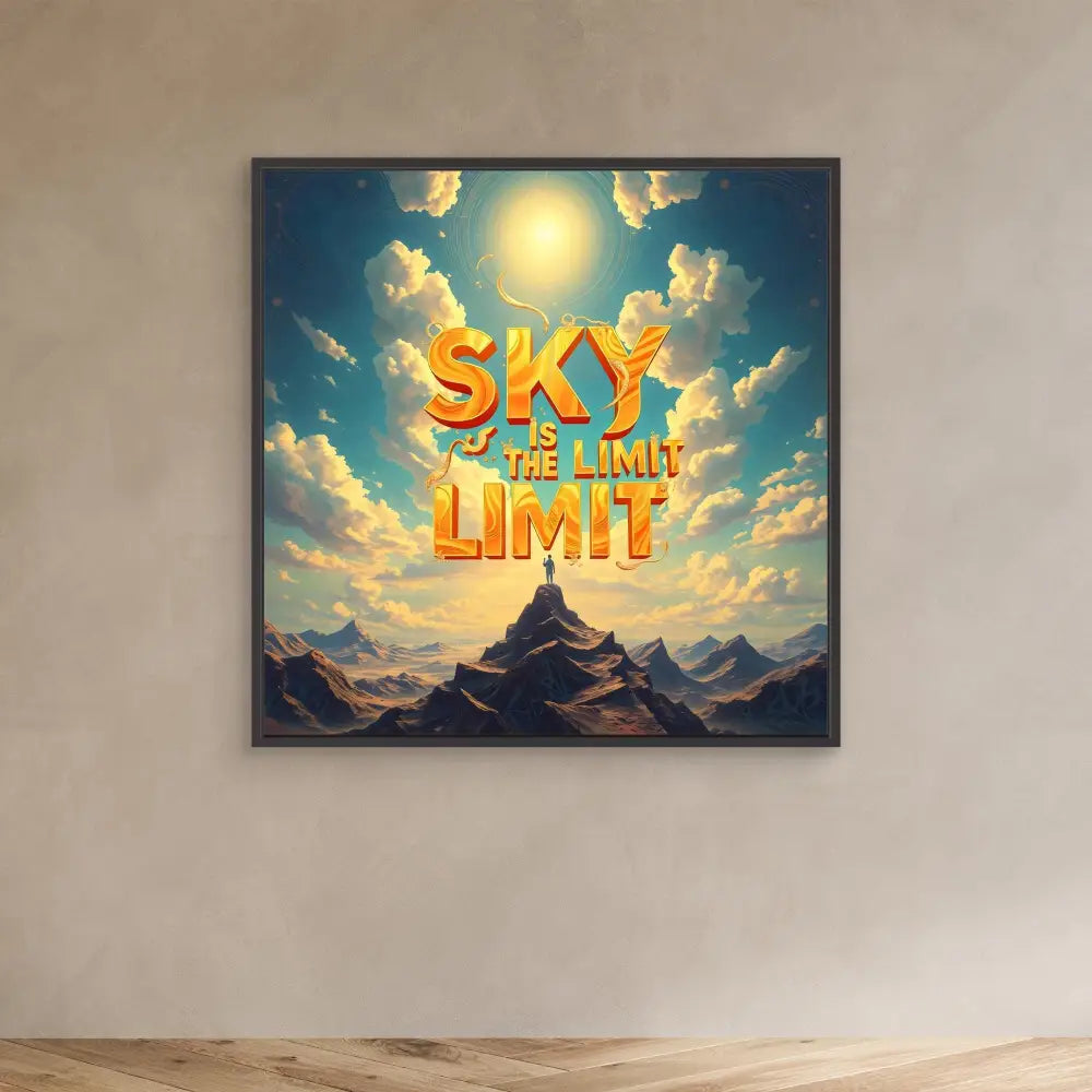 Motivational artwork featuring golden text ’Sky is the Limit’ against a backdrop of mountains and sunlit clouds.