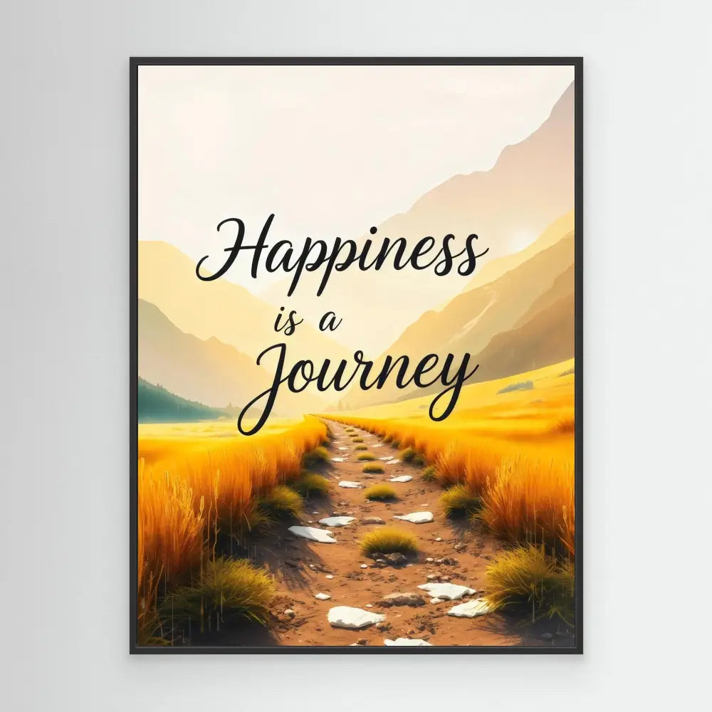 Motivational artwork featuring the text ’Happiness is a Journey’ over a painted path through golden fields at sunset.