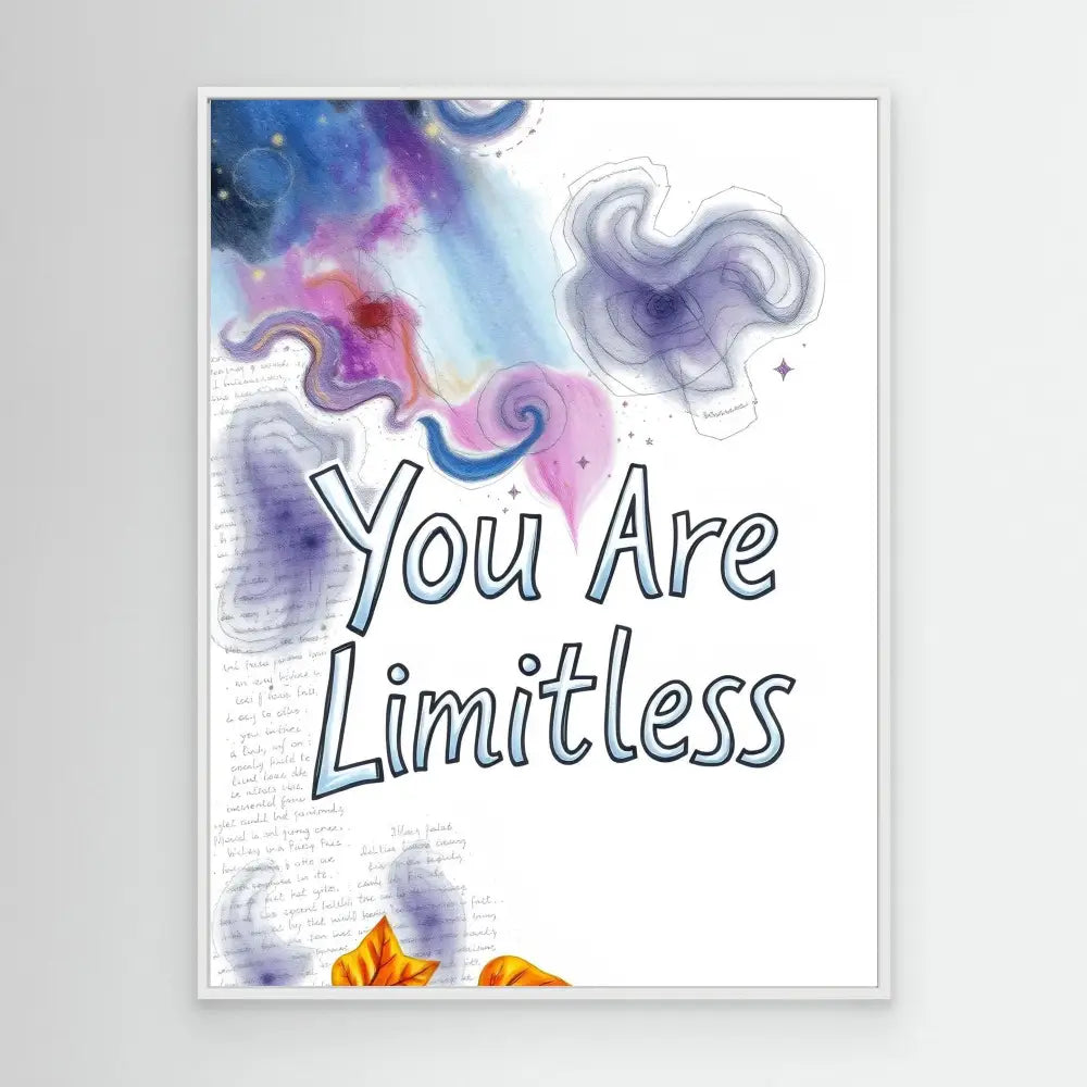 A motivational artwork featuring the text ’You Are Limitless’ with watercolor-style swirls in purple and pink tones.