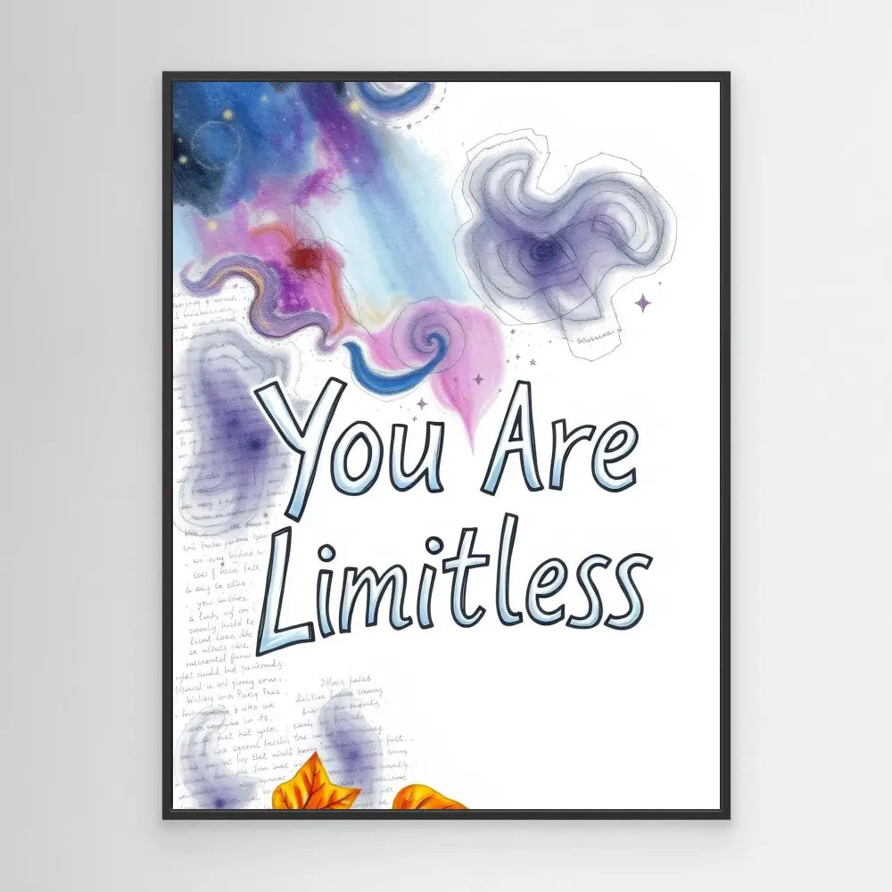 A motivational artwork featuring the text ’You Are Limitless’ with watercolor-style swirls and designs.