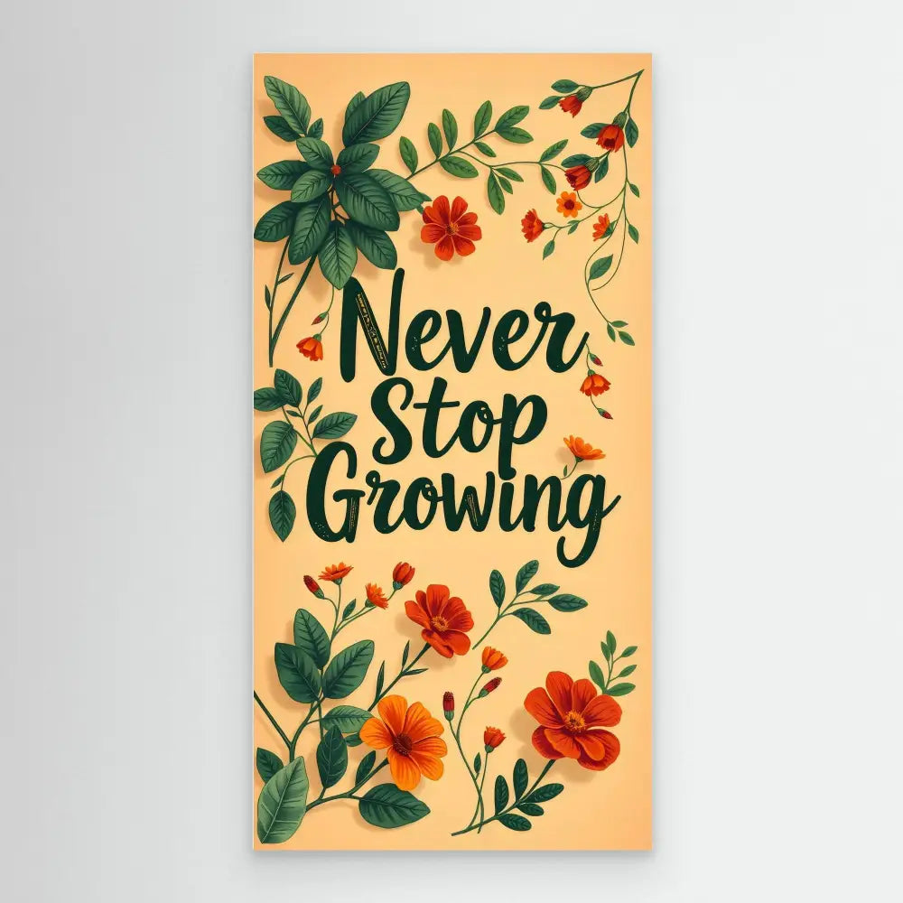 A motivational artwork featuring the text ’Never Stop Growing’ surrounded by floral and leaf designs in green and orange tones.