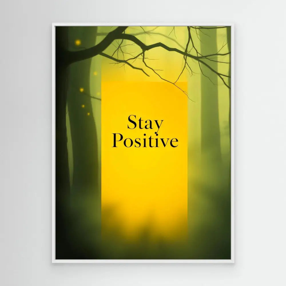 A motivational poster with black text ’Stay Positive’ on a yellow rectangle.