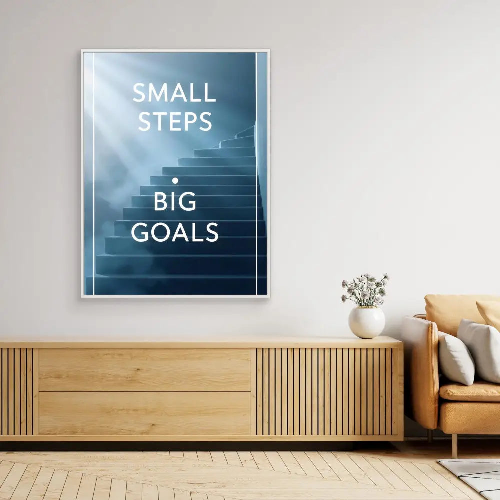 Motivational poster featuring stairs with text ’SMALL STEPS BIG GOALS’ in white lettering against a blue gradient background.