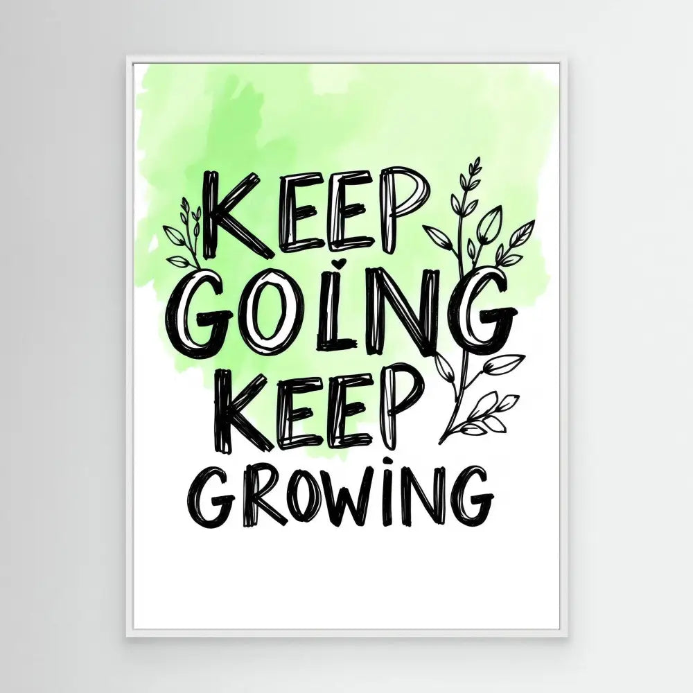 A motivational quote ’Keep Going Keep Growing’ with decorative leaf elements in black text on a green gradient background.