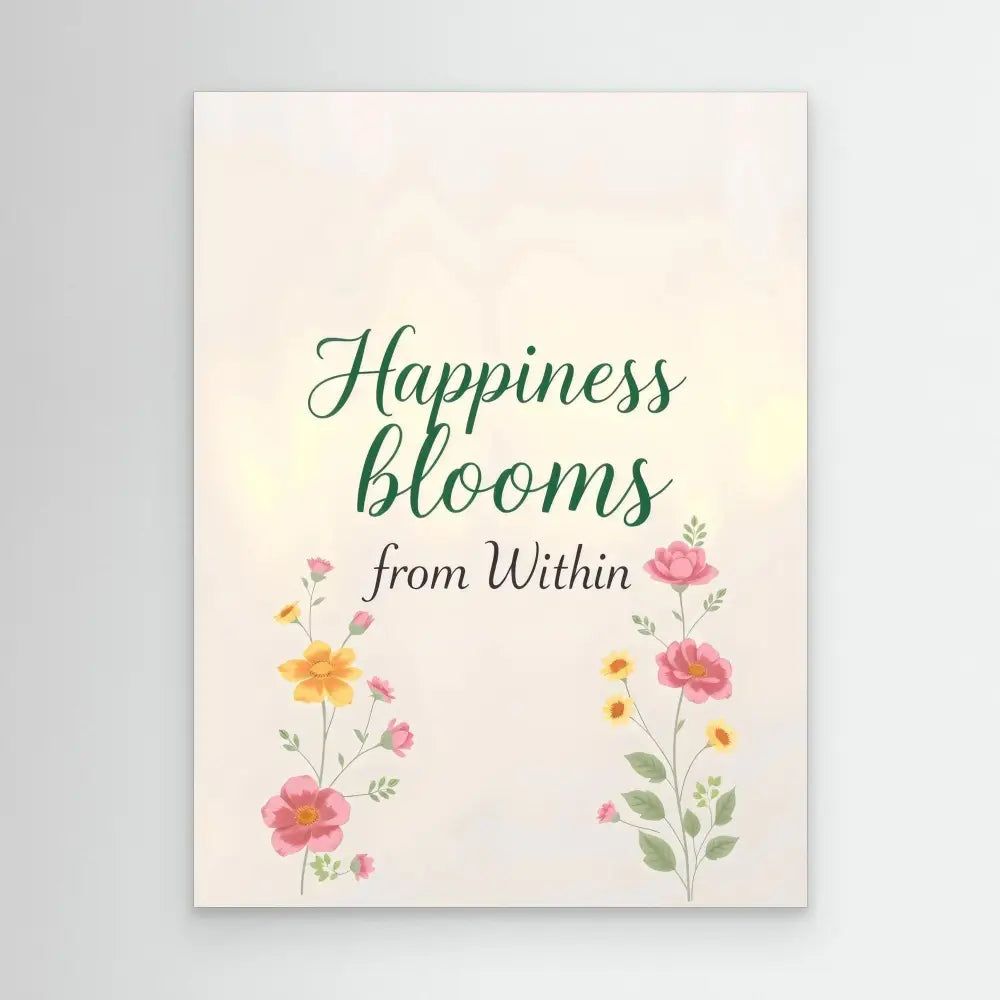 A motivational quote ’Happiness blooms from Within’ decorated with delicate watercolor flowers.