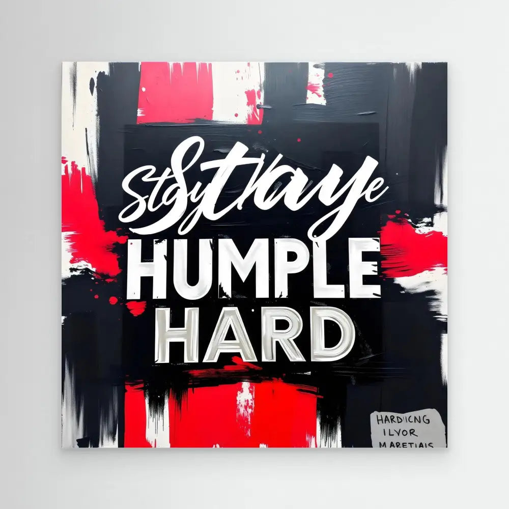 Motivational text art featuring ’Stay Humble Hard’ in white lettering against black and red brushstrokes.