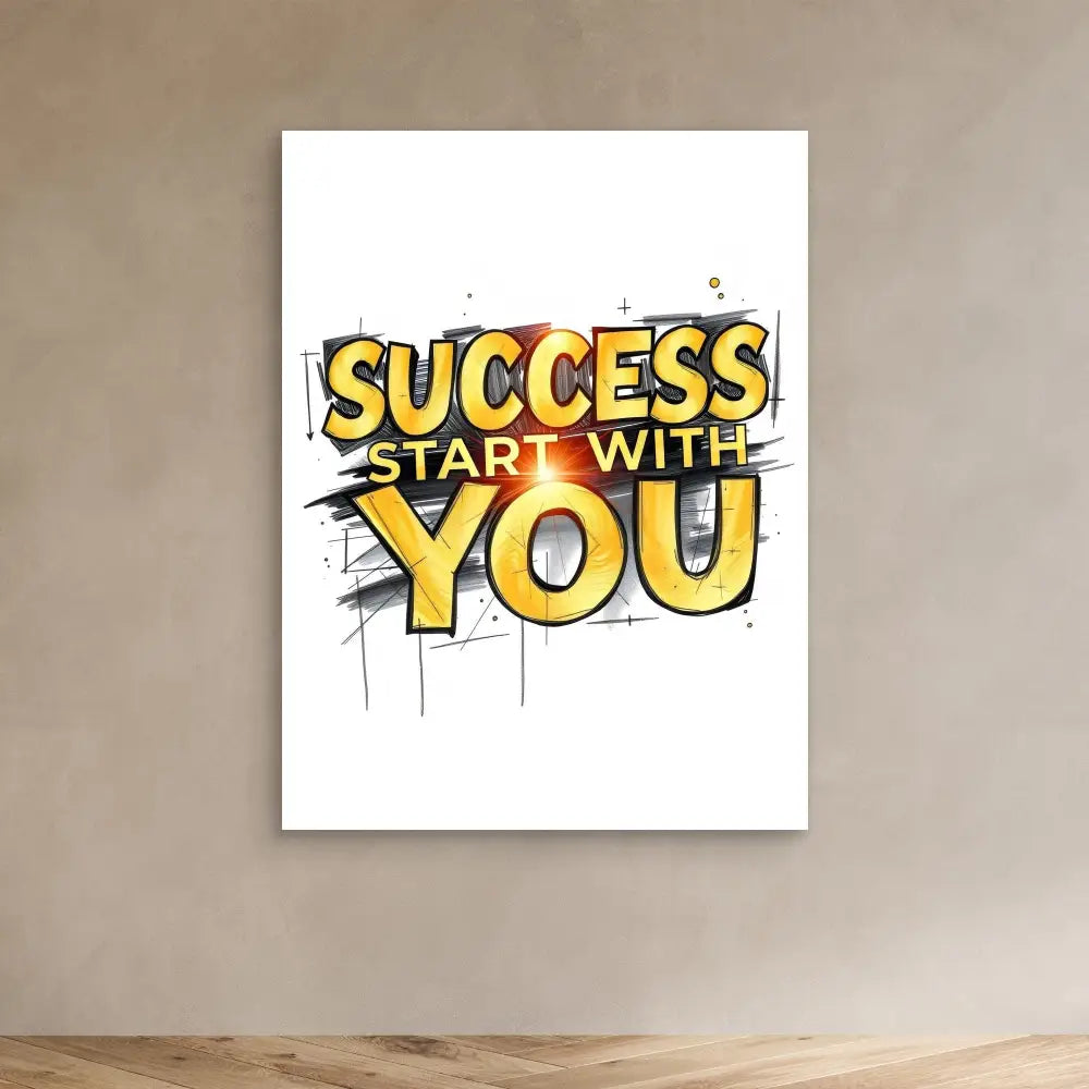 Motivational text art reading ’SUCCESS START WITH YOU’ in yellow and black graffiti-style lettering.