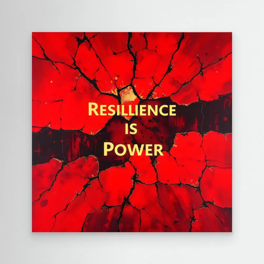 Motivational text ’RESILIENCE IS POWER’ displayed on a cracked red surface with golden lettering.