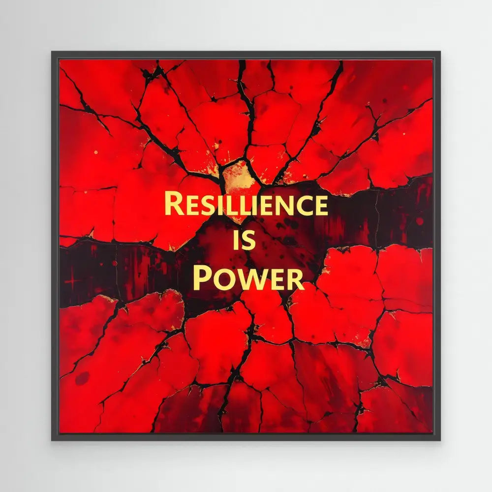 A motivational text ’RESILIENCE IS POWER’ displayed on a cracked red background.