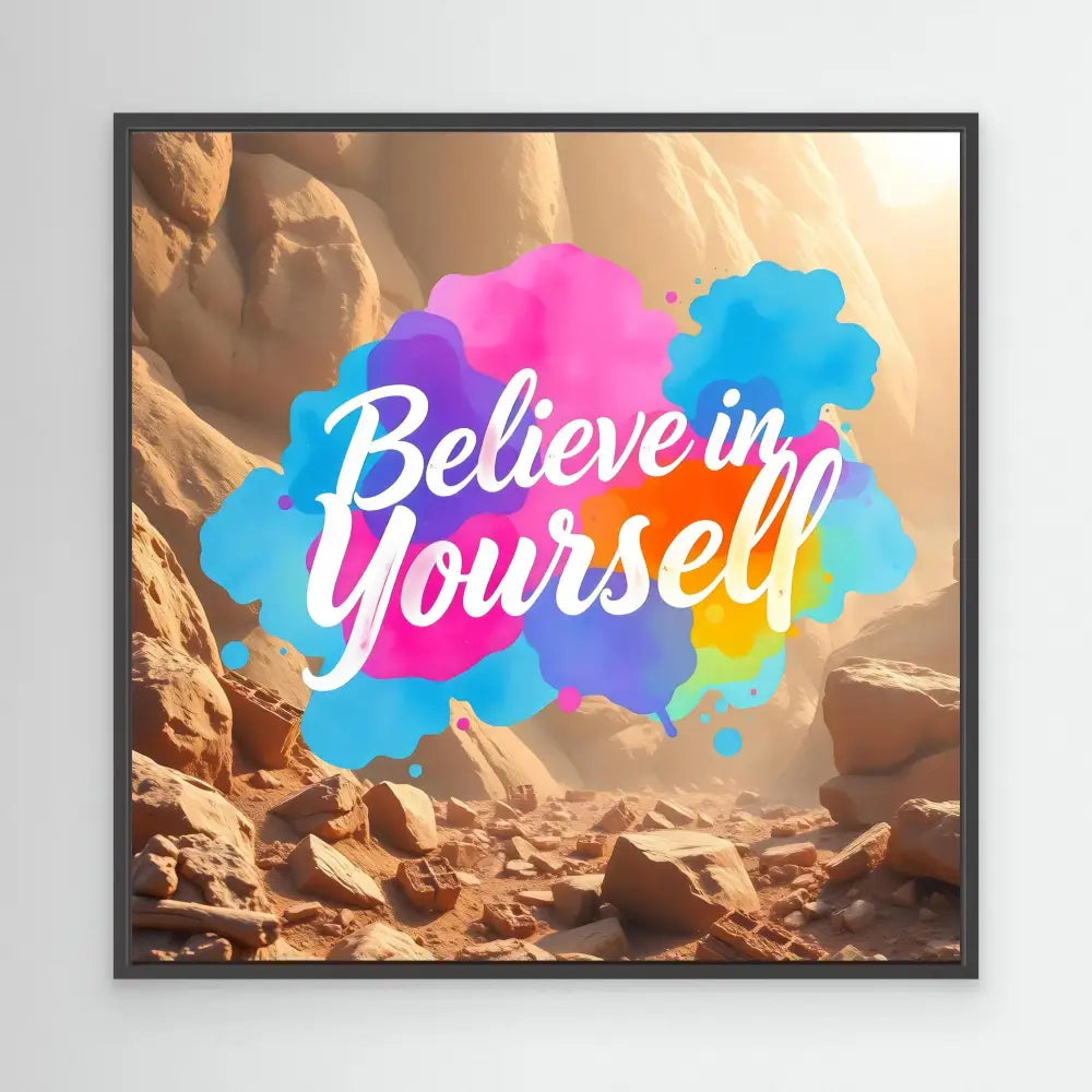 Motivational text ’Believe in Yourself’ displayed in white letters against pink and blue watercolor-style clouds.