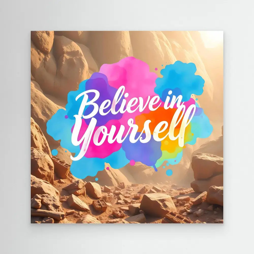 Motivational text ’Believe in Yourself’ appears in white letters against pink and blue watercolor-style clouds.