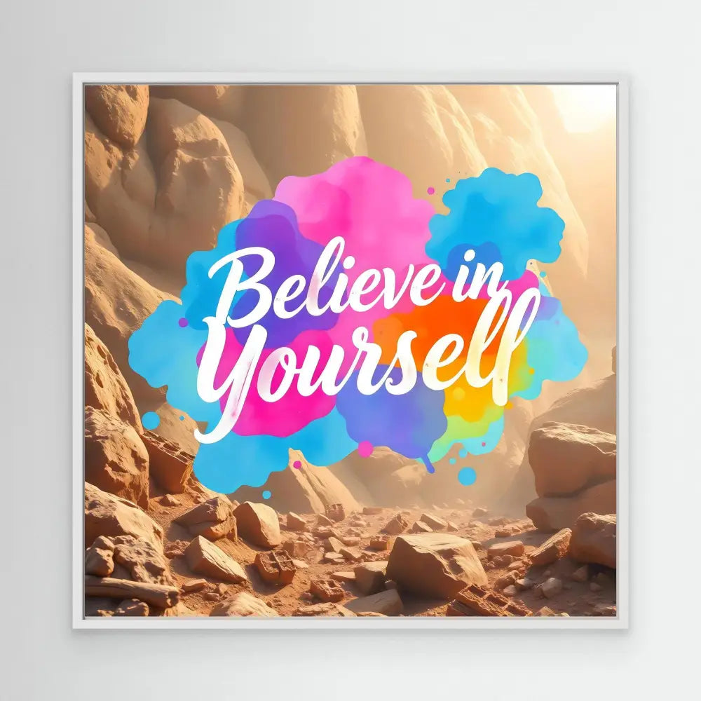 Motivational text ’Believe in Yourself’ written in white letters on pink and blue watercolor-style splashes.