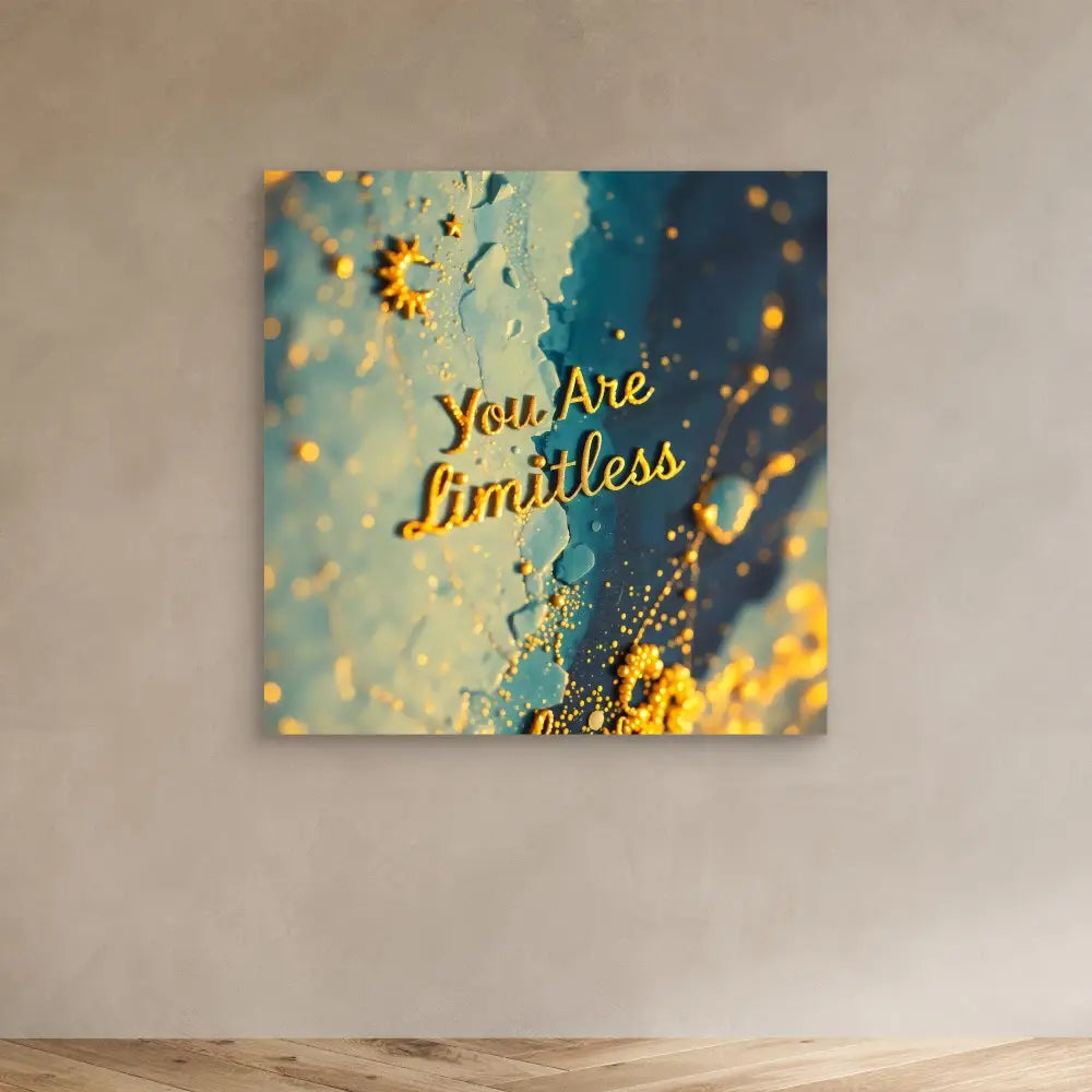 Motivational wall art featuring golden text ’You Are Limitless’ against a dreamy blue backdrop with sparkles.