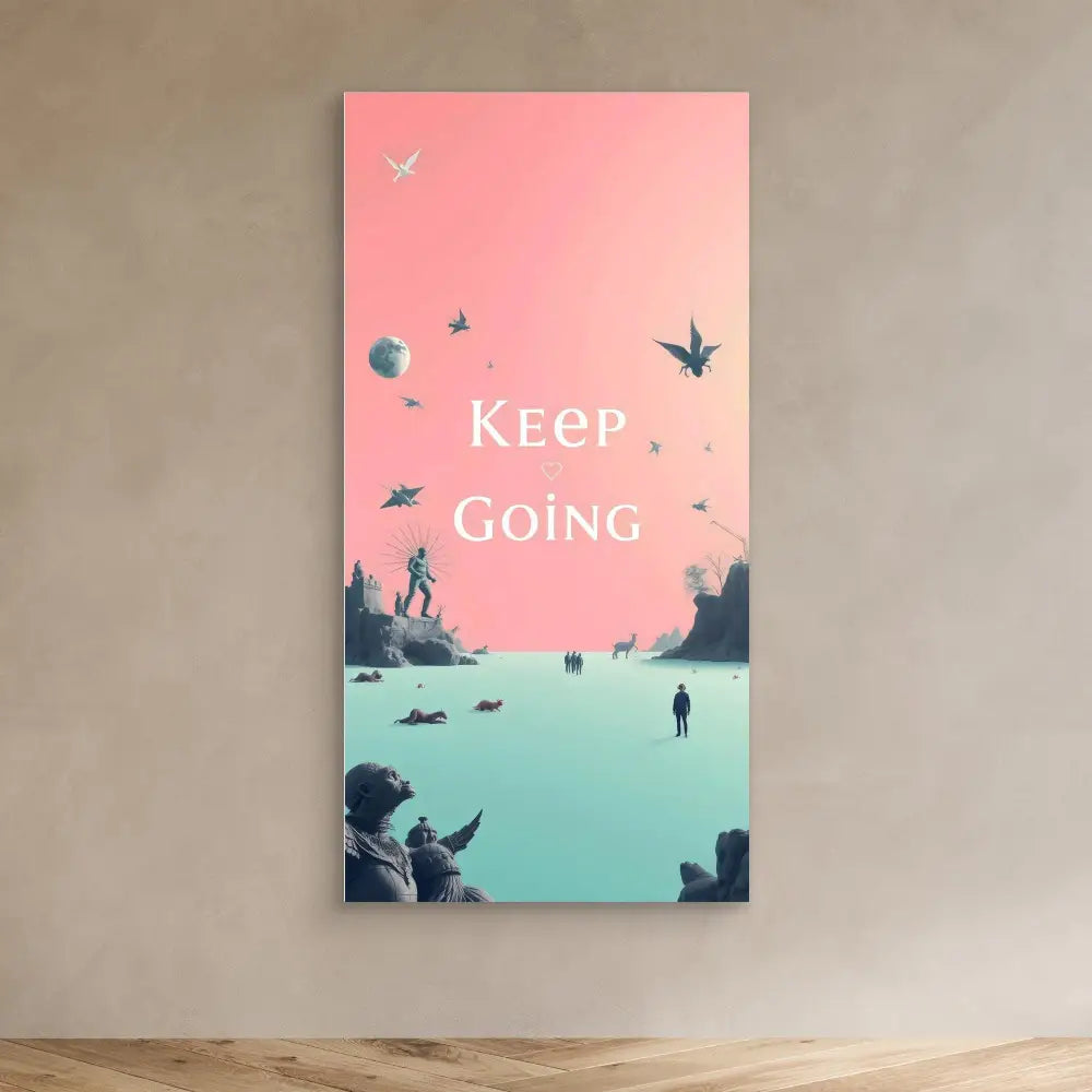 A motivational wall art piece with ’Keep Going’ text against a pink and turquoise gradient background with silhouetted figures and birds.