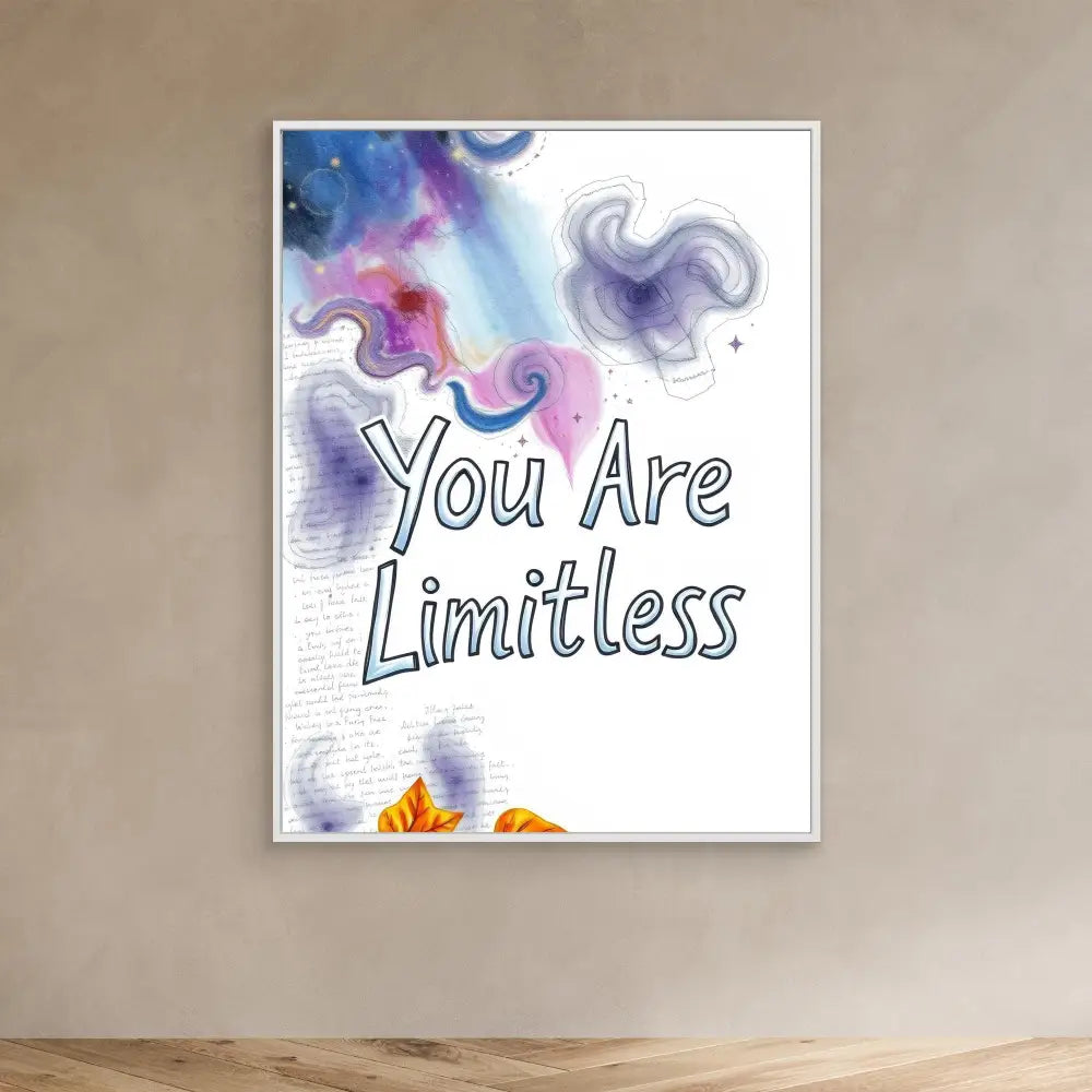 A motivational wall art piece featuring watercolor swirls and the text ’You Are Limitless’