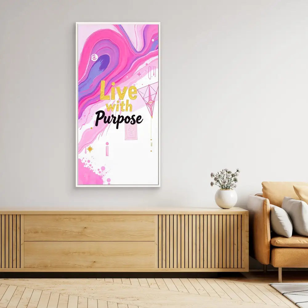 Motivational wall art with swirling pink and purple colors displaying ’Live with Purpose’ text.