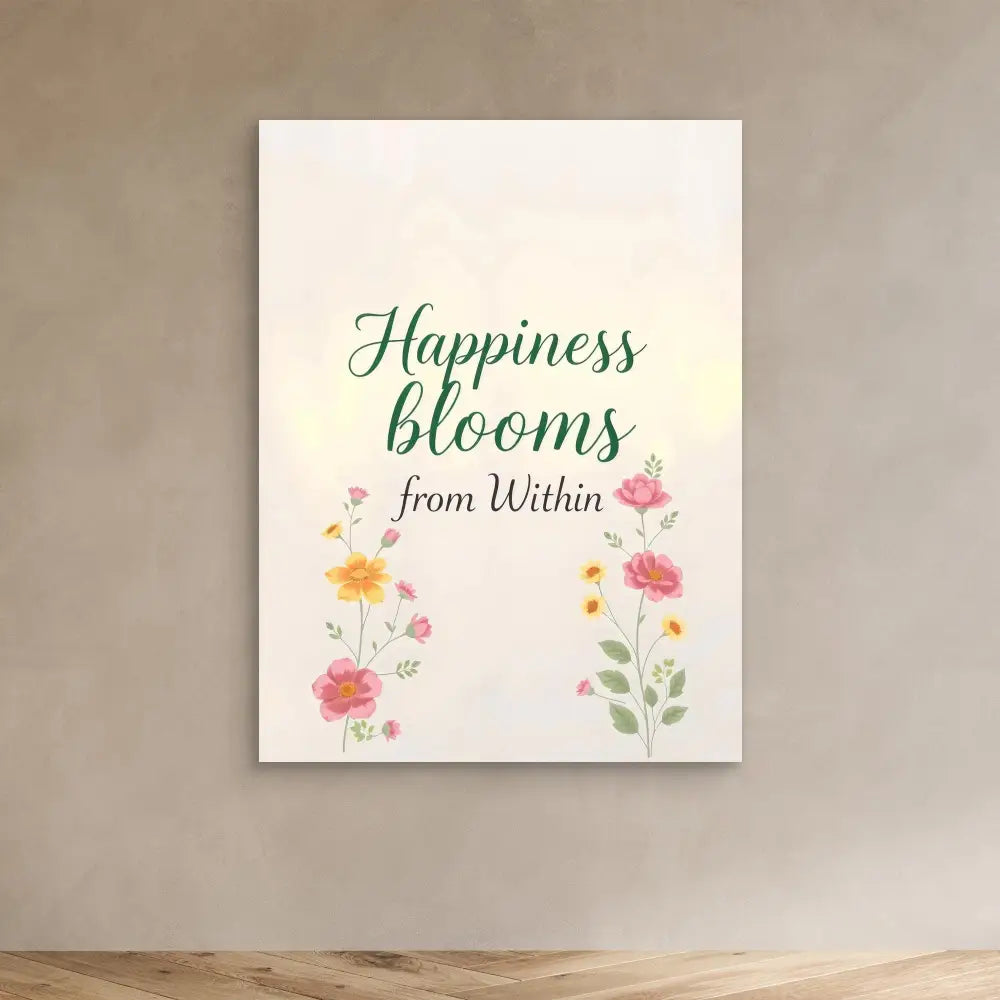 A motivational wall art print featuring the text ’Happiness blooms from Within’ decorated with watercolor flowers.