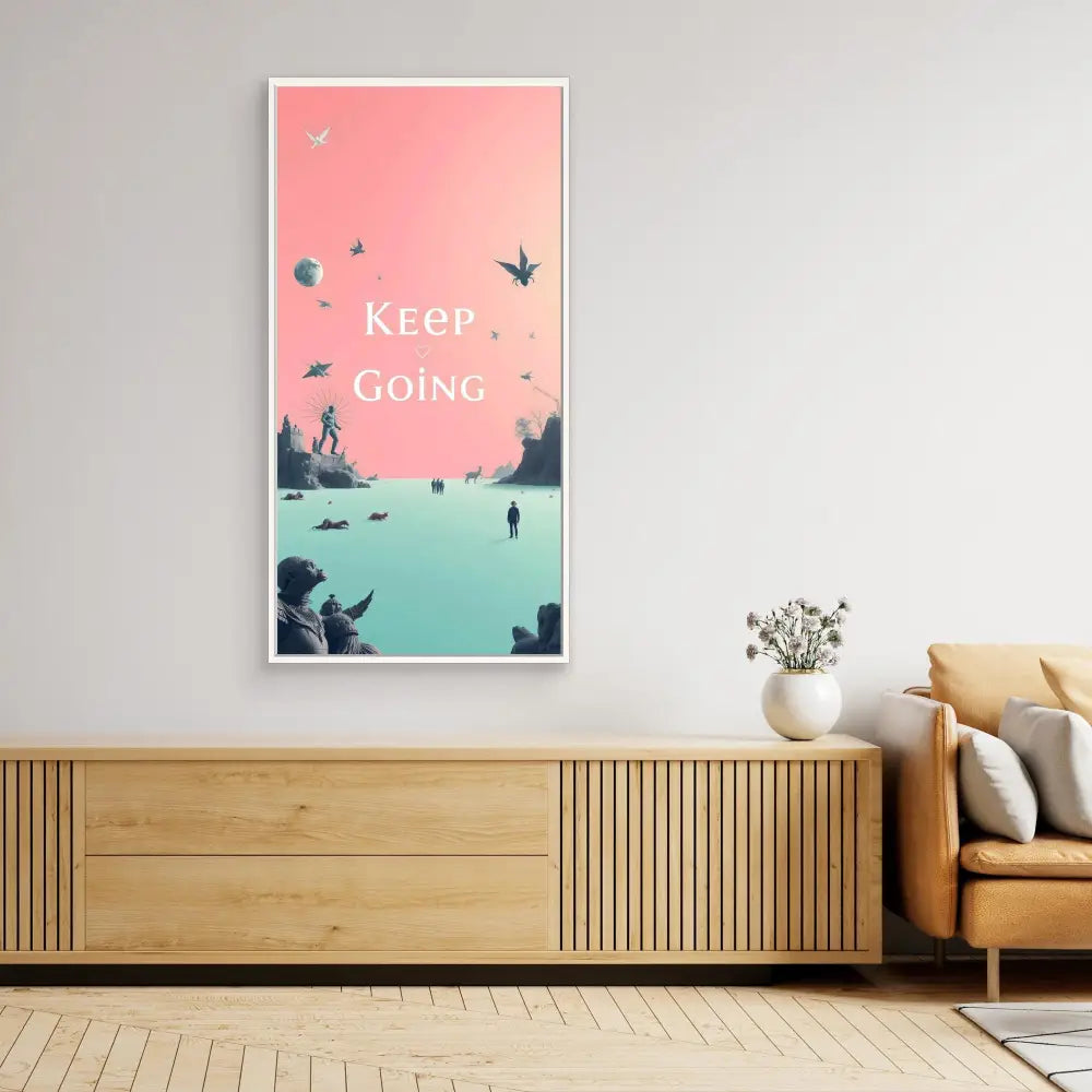 A motivational wall art print featuring ’Keep Going’ text against a pink and turquoise nature scene.