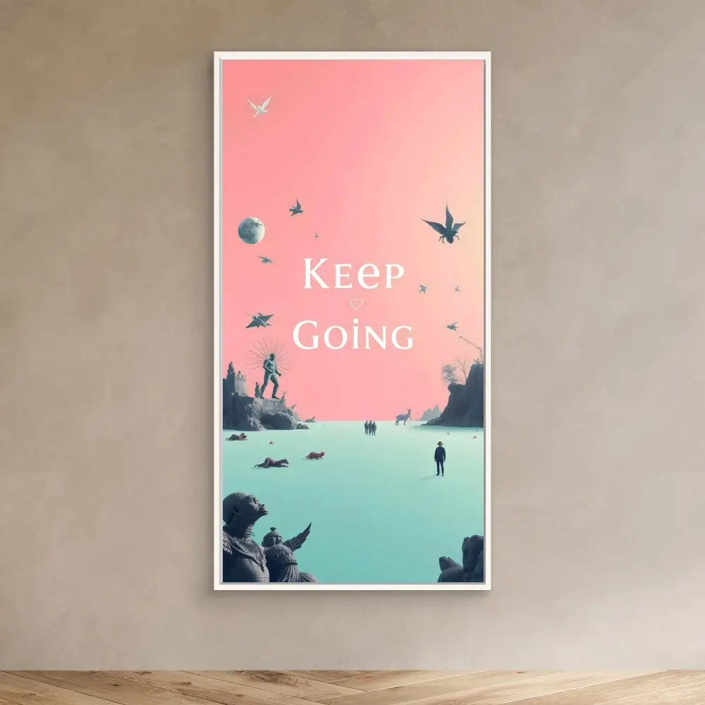 A motivational wall art print featuring ’Keep Going’ text with a dreamy gradient pink and teal landscape design.